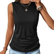 Wiyuqeen Solid Color Tank Tops for Women Petite Ladies Sleeveless High Crew Neck Blouses Casual Comfy Side Pleated Camis Tops Basic Solid T-shirts